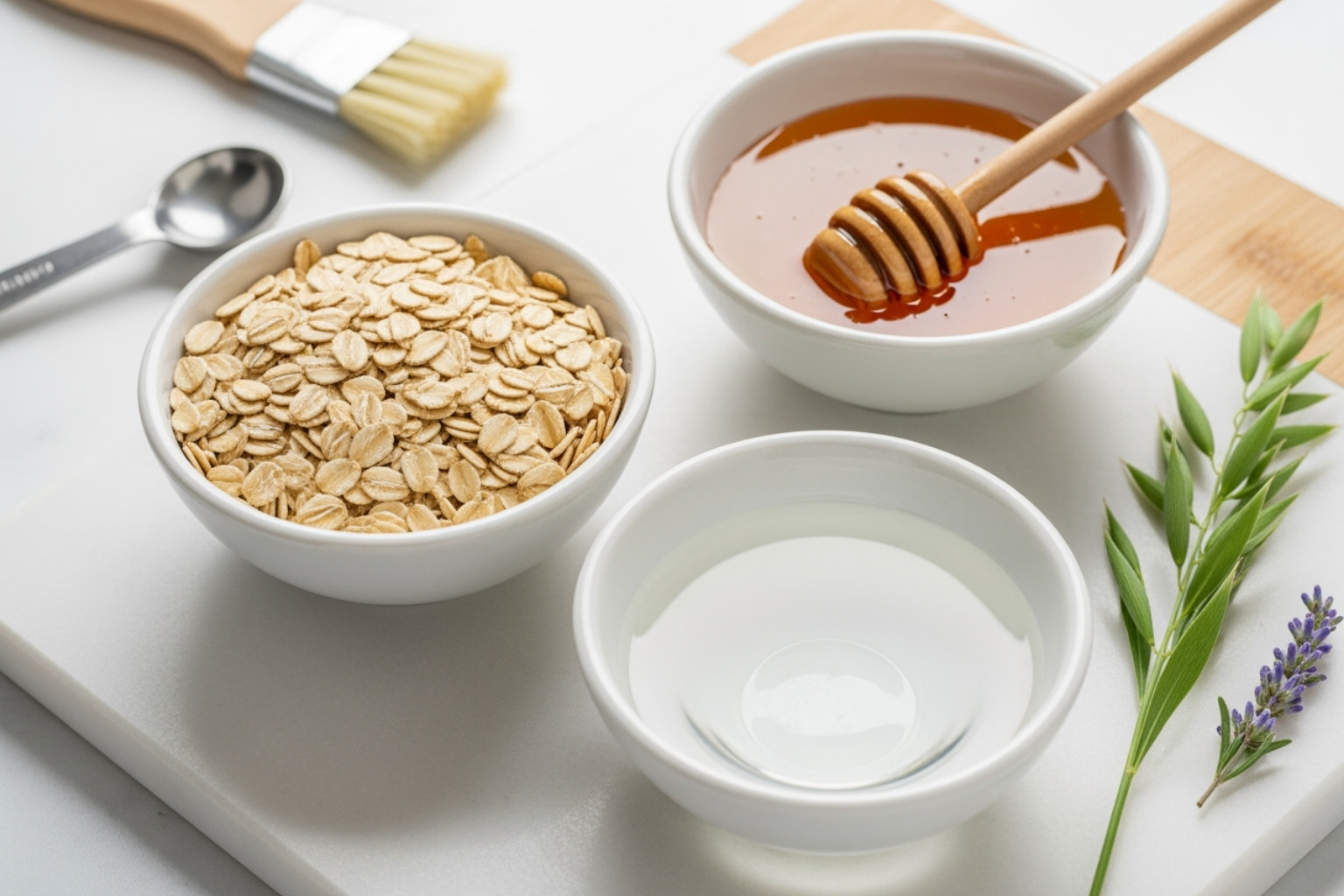 Ingredients for oatmeal and honey mask in separate bowls - DIY natural beauty