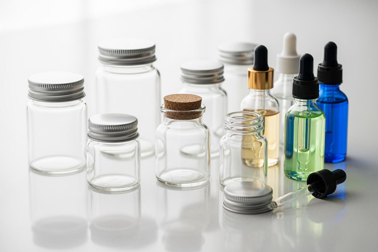 Small, clean glass jars and dropper bottles on a clean surface - DIY natural beauty