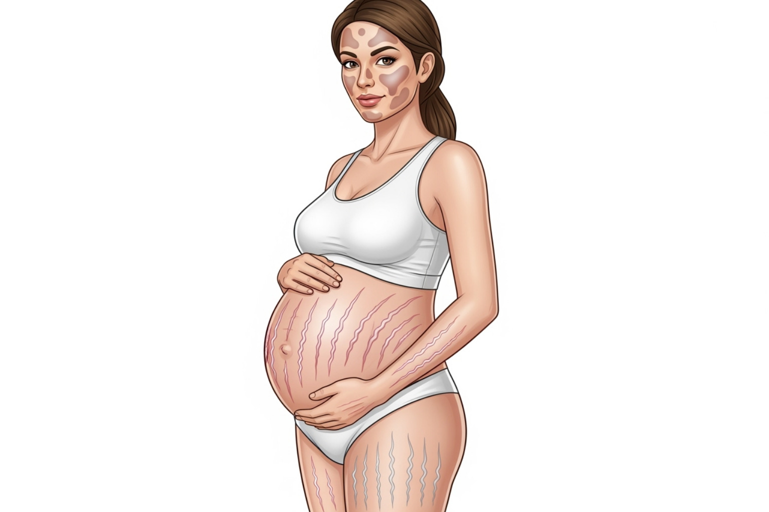 illustration showing common areas for melasma on the face and stretch marks on the body - Safe skincare for pregnancy