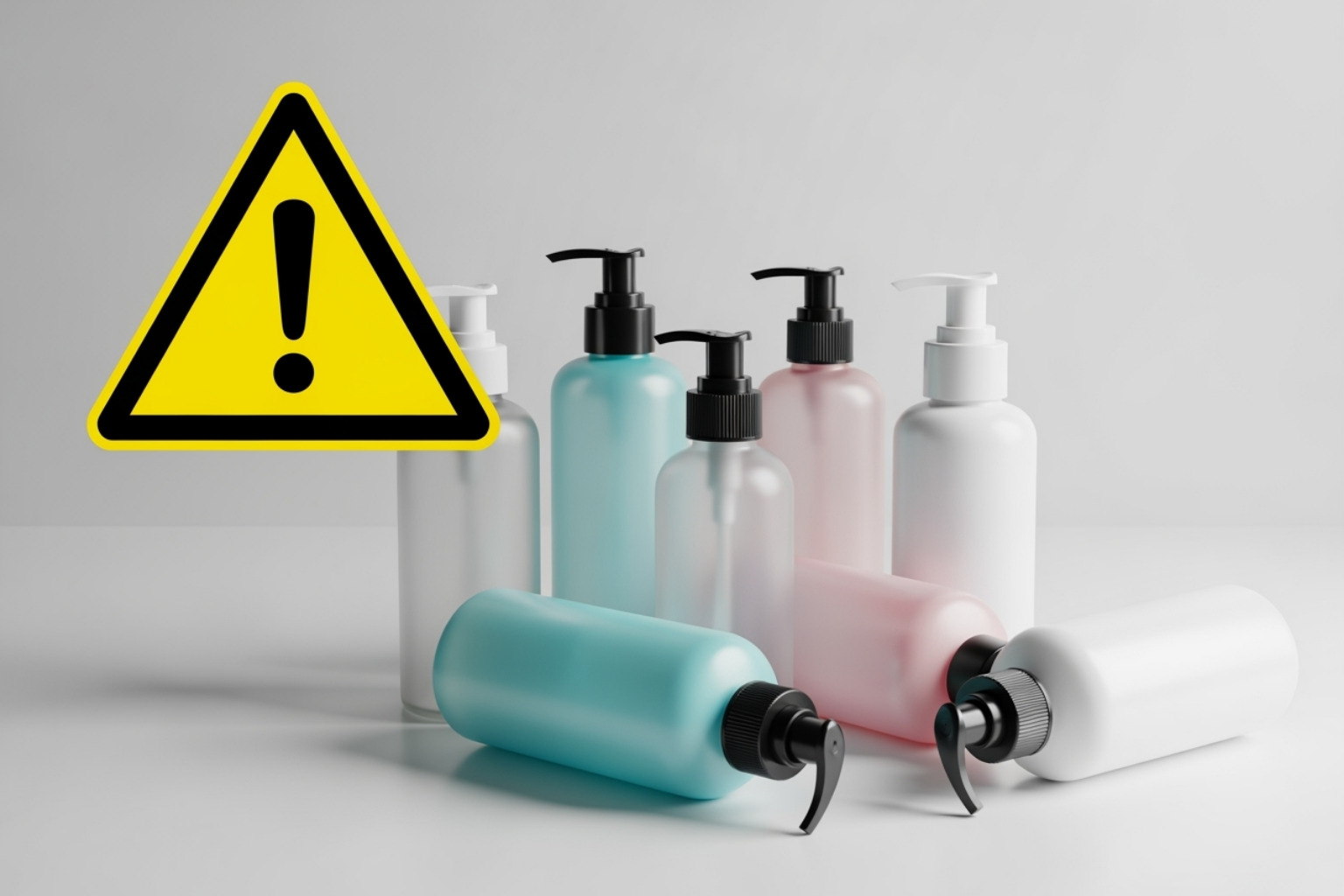 warning symbol over cosmetic bottles - Safe skincare for pregnancy