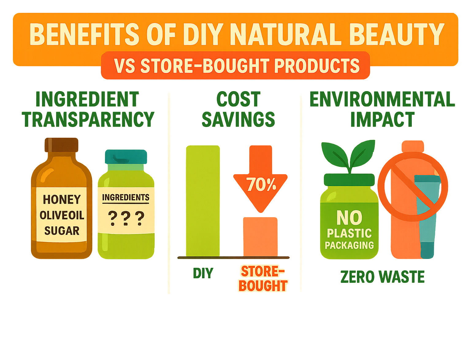 Benefits of DIY natural beauty vs store-bought products showing ingredient transparency with clear labels, cost comparison chart displaying 70% savings, and environmental impact reduction through eliminated plastic packaging and zero waste approach - DIY natural beauty infographic 