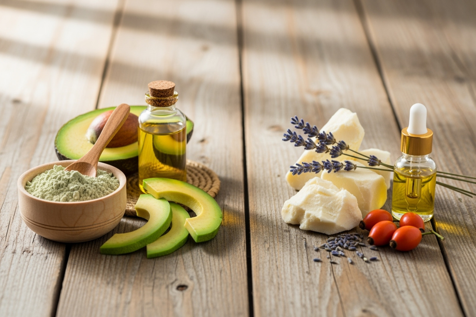Different natural ingredients categorized by skin type, such as clay for oily skin and avocado for dry skin - Natural beauty routine