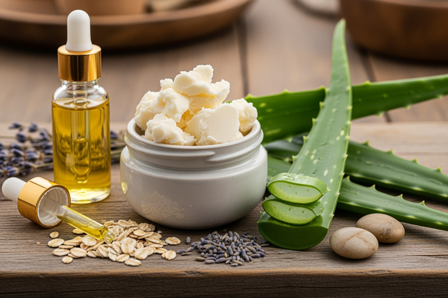 Various natural ingredients like shea butter, jojoba oil, and aloe vera - Natural beauty routine
