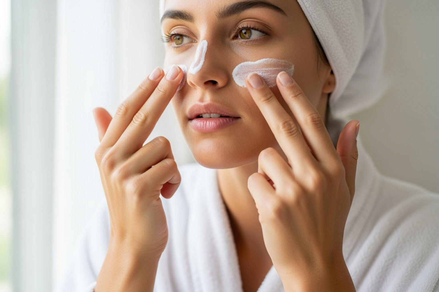 A person gently dabbing sunscreen onto their face, emphasizing daily sun protection - Skincare for beginners