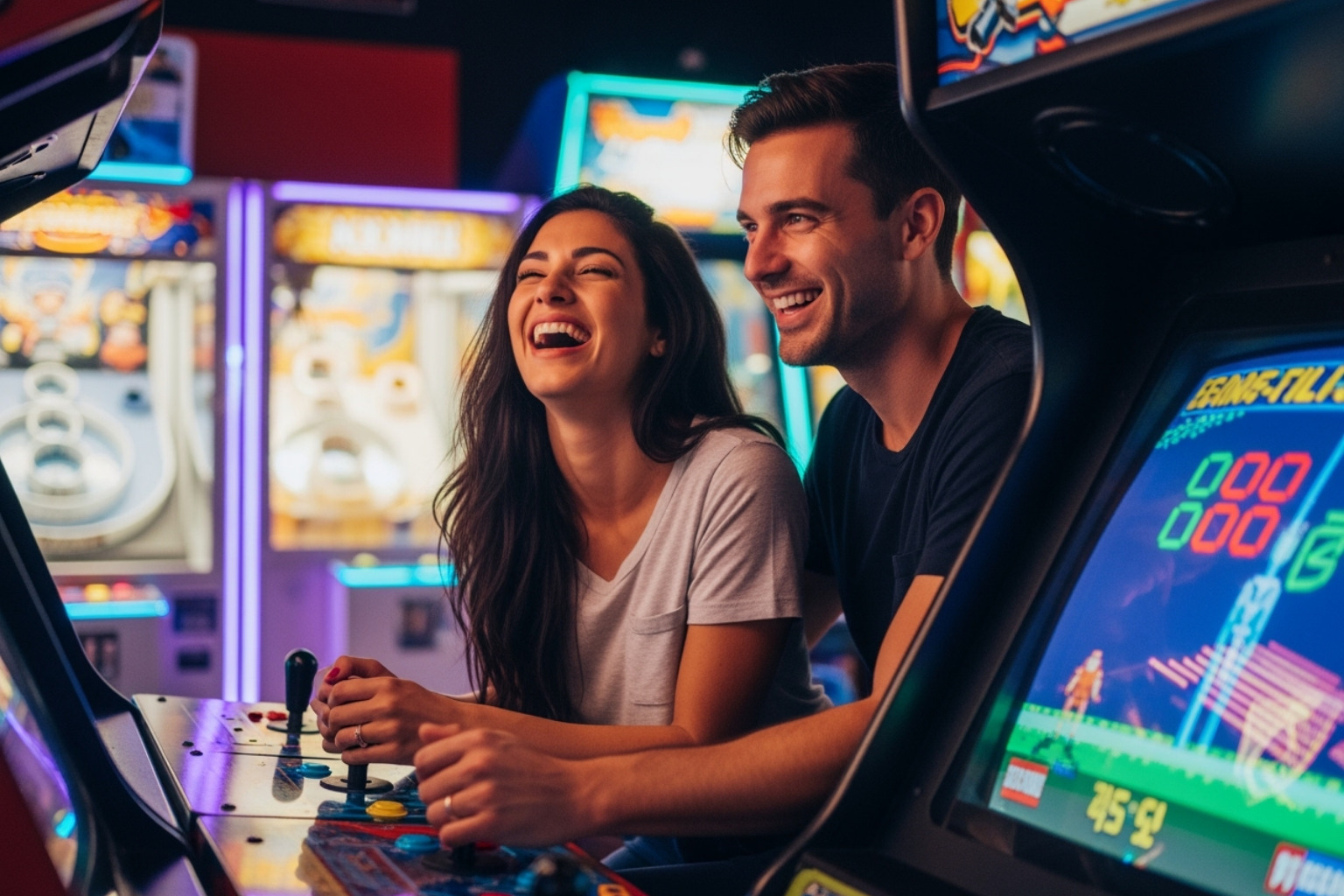 A couple playfully competing at an arcade, laughing and engaged in the game - Best first date