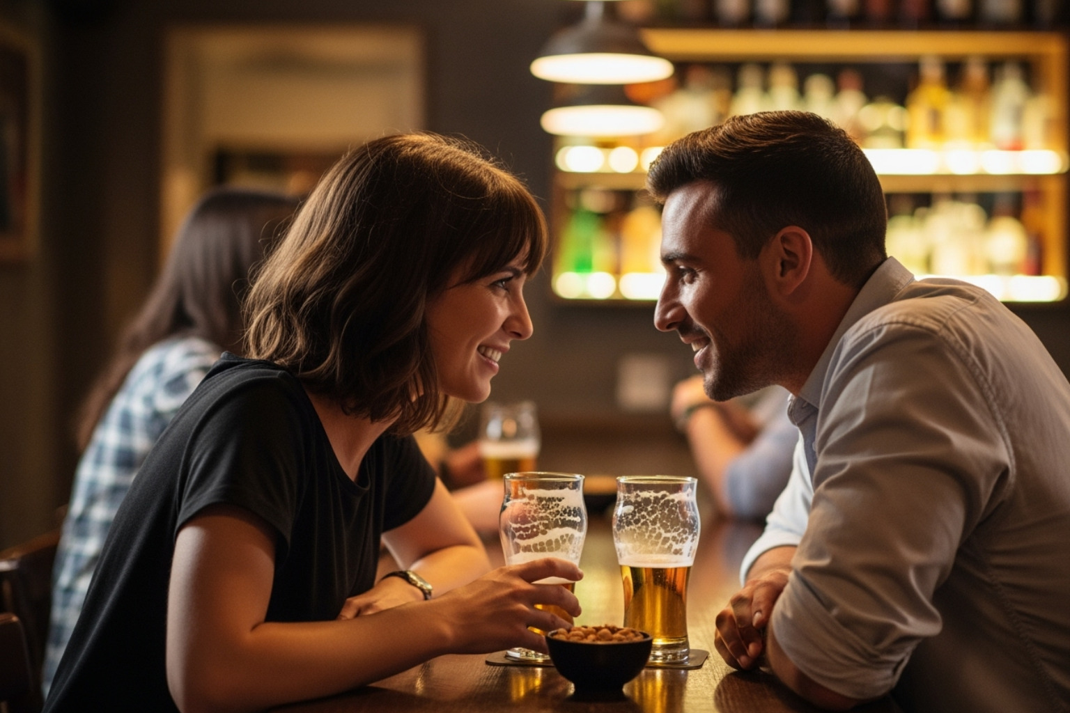 A couple having an engaging conversation at a casual bar, leaning in and smiling - Best first date