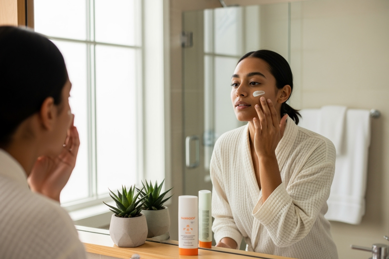 person applying sunscreen - Morning beauty routine