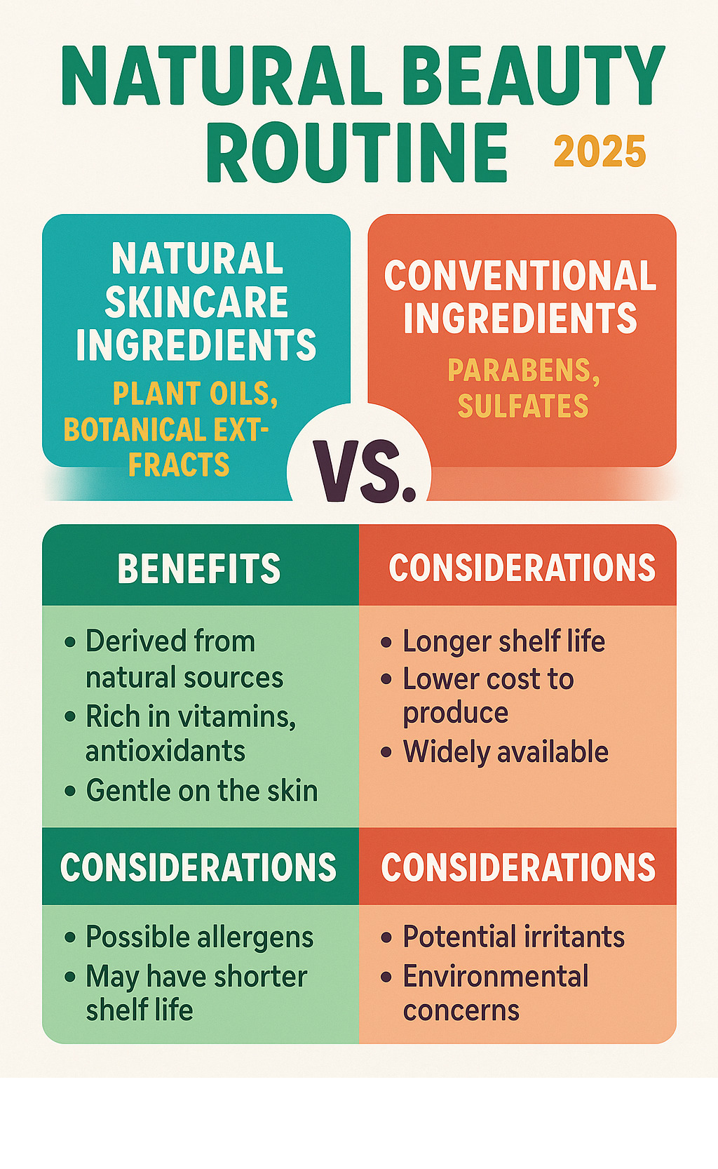 Comprehensive comparison chart showing natural skincare ingredients like plant oils and botanical extracts versus conventional ingredients like parabens and sulfates, with benefits and considerations for each category - Natural beauty routine infographic 