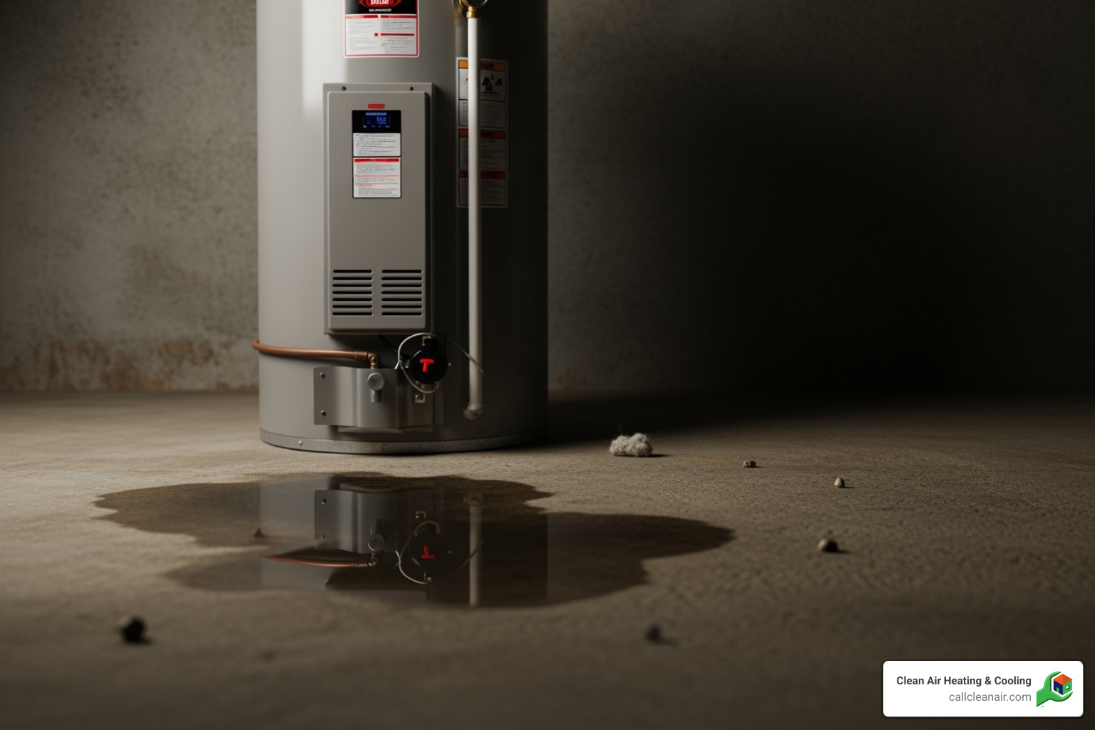 Image of a water heater with a small puddle of water at its base - water heater experts