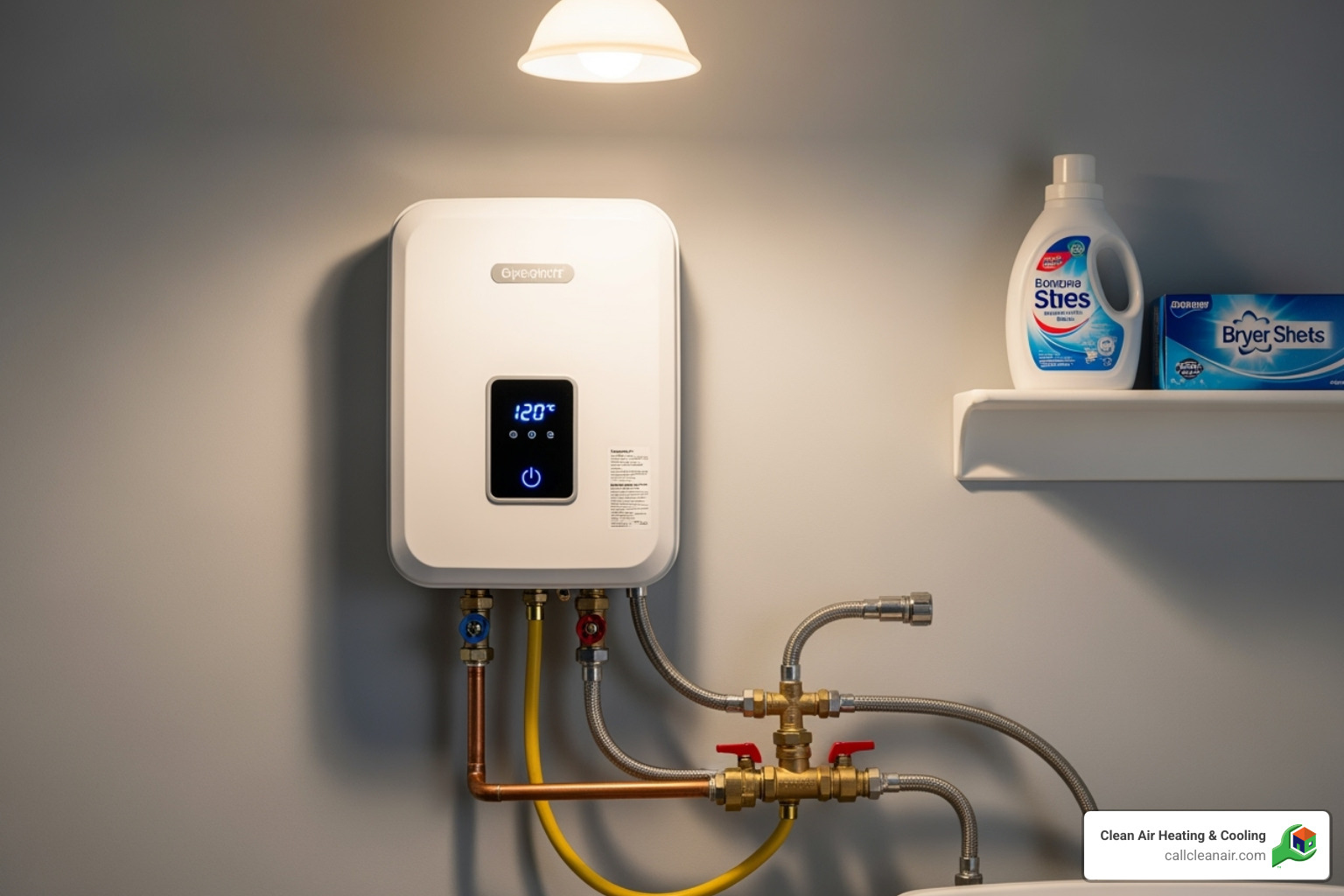 Image of a compact tankless water heater mounted on a wall - water heater experts