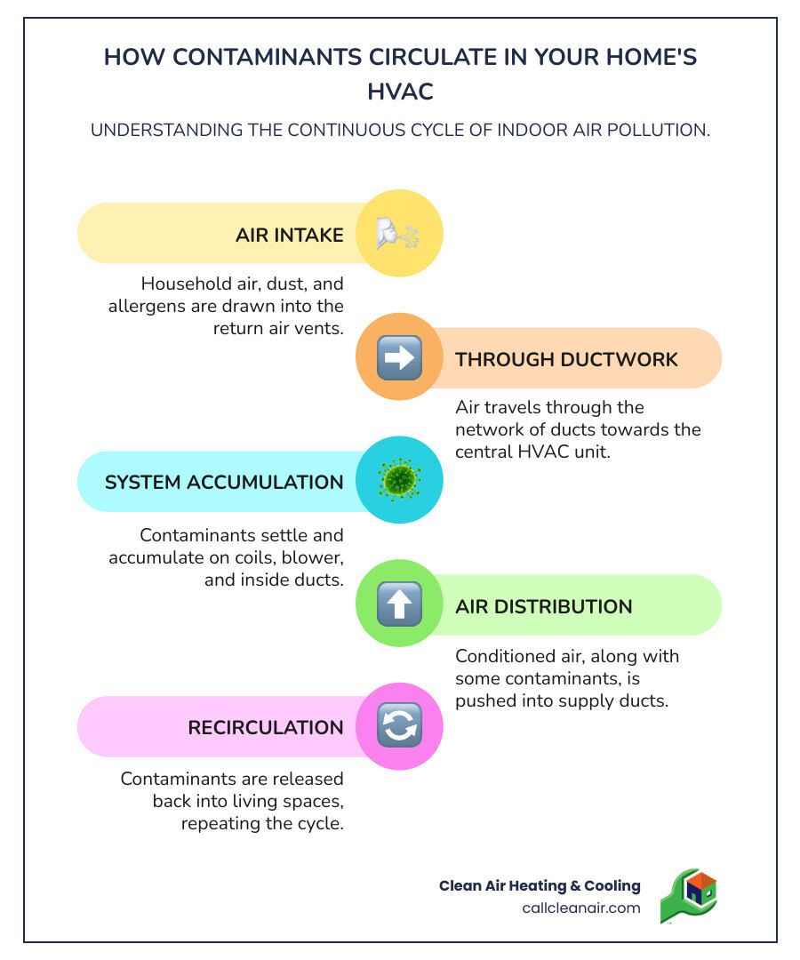 Infographic showing how contaminants enter through return vents, circulate through ductwork past the blower motor and heating/cooling coils, then distribute throughout the home via supply ducts, with arrows indicating the continuous cycle of air movement and contamination buildup - Clean air duct system infographic infographic-line-5-steps-colors