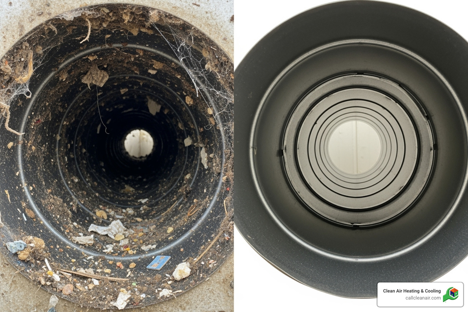 Side-by-side comparison of a dirty, debris-filled air duct and a freshly cleaned one - Clean air duct system