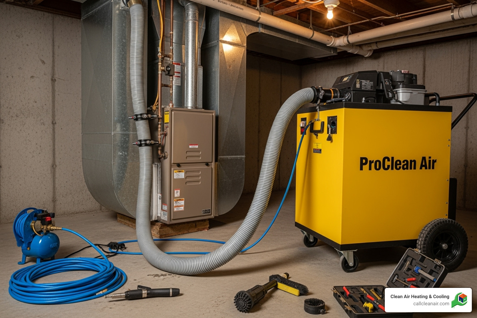 Professional air duct cleaning equipment, showing a large vacuum hose connected to a furnace - Clean air duct system