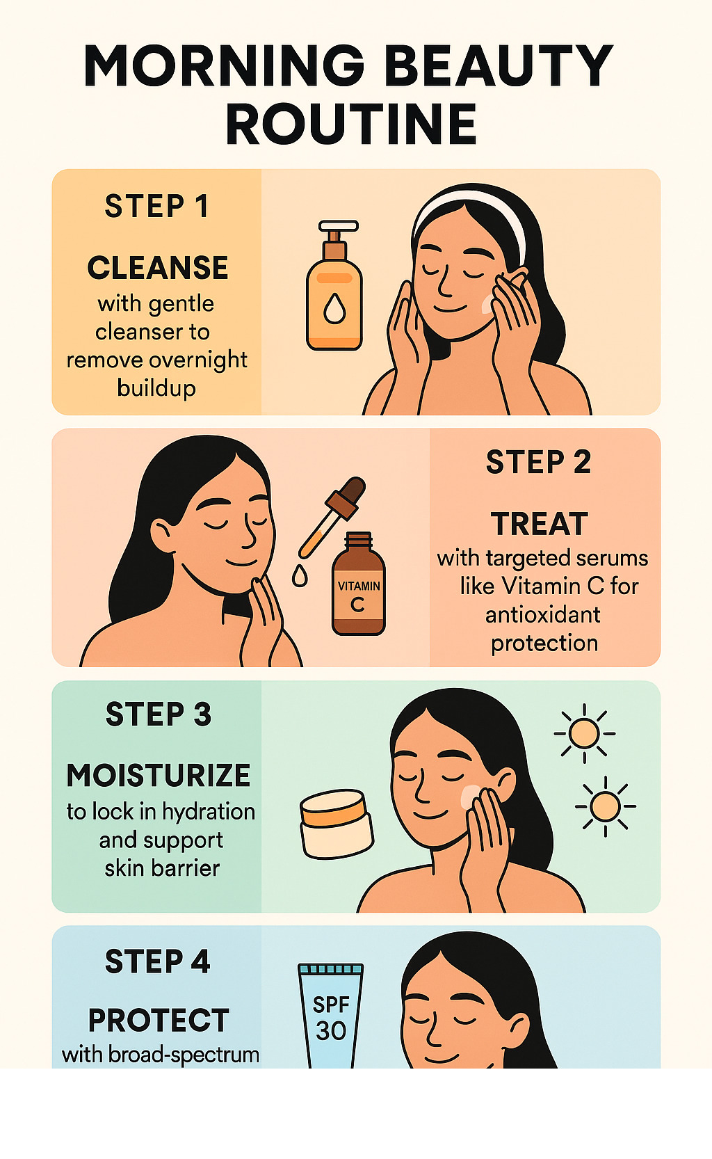 Infographic showing the 4 essential steps of morning skincare routine: Step 1 Cleanse with gentle cleanser to remove overnight buildup, Step 2 Treat with targeted serums like Vitamin C for antioxidant protection, Step 3 Moisturize to lock in hydration and support skin barrier, Step 4 Protect with broad-spectrum SPF 30 or higher sunscreen for UV defense - Morning beauty routine infographic 