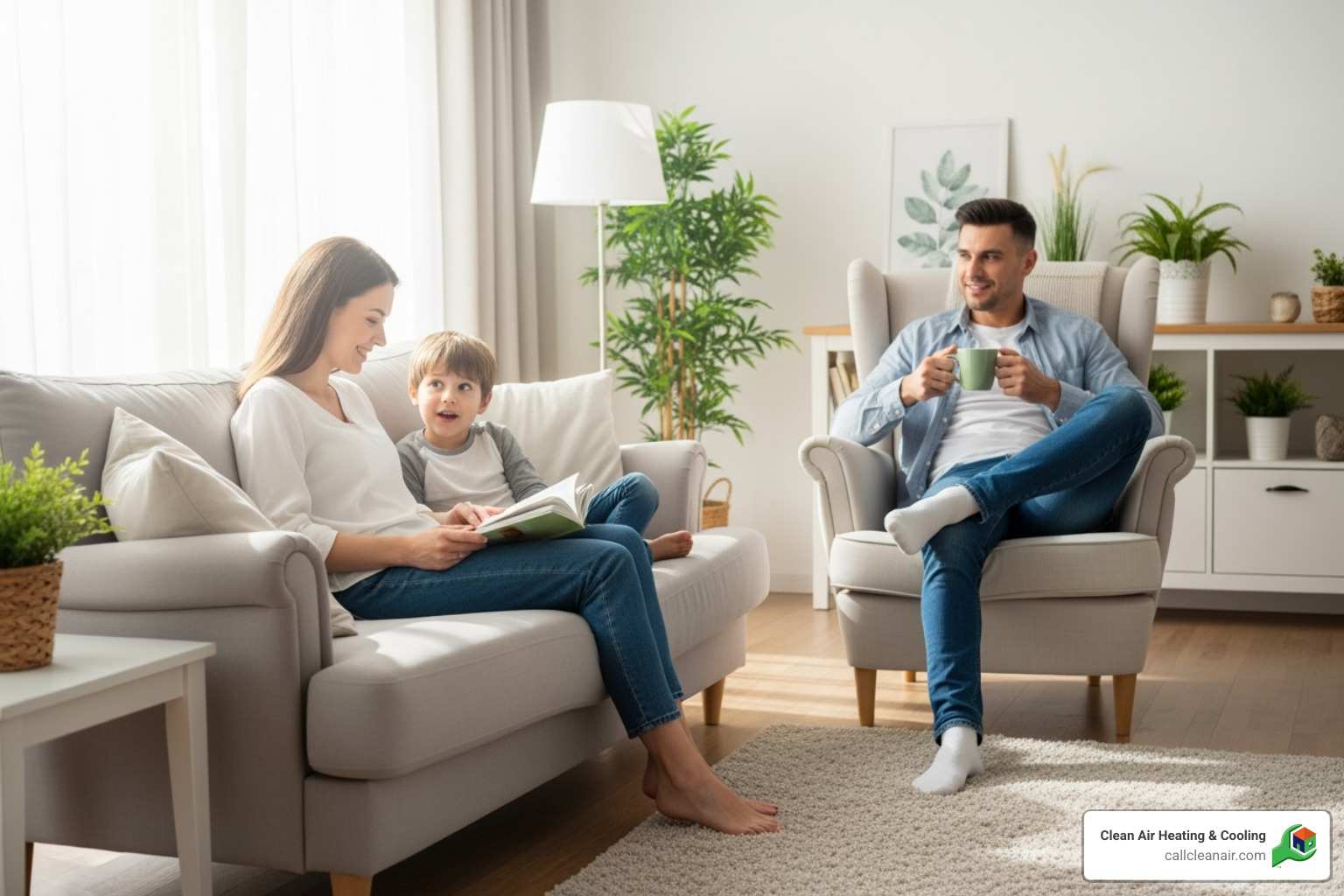 Family relaxing and breathing easily in their clean home - Clean air duct system