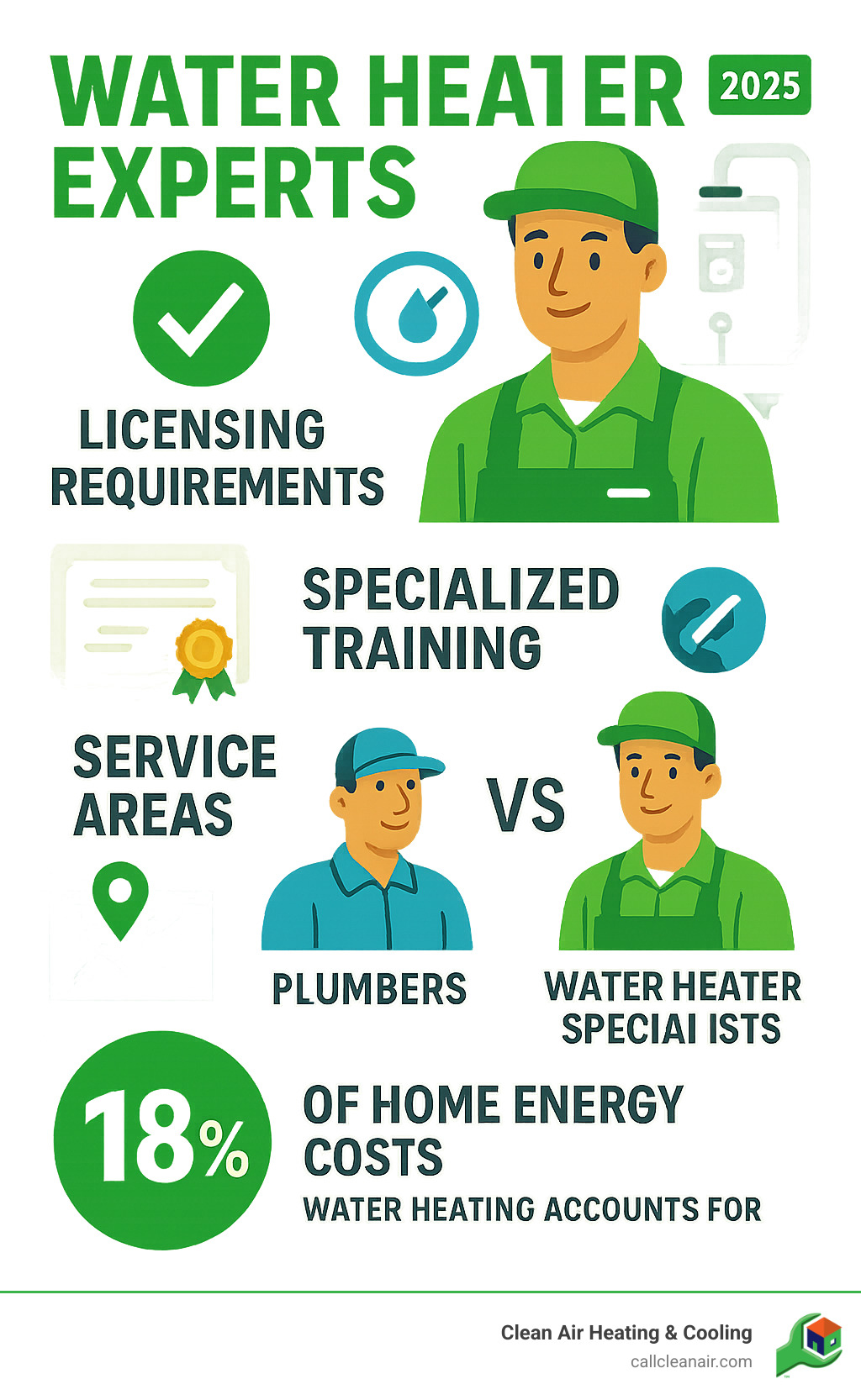 Infographic showing water heater expert qualifications including licensing requirements, specialized training certifications, typical service areas, and the difference between general plumbers and water heater specialists, with statistics showing that water heating accounts for 18% of home energy costs - water heater experts infographic 