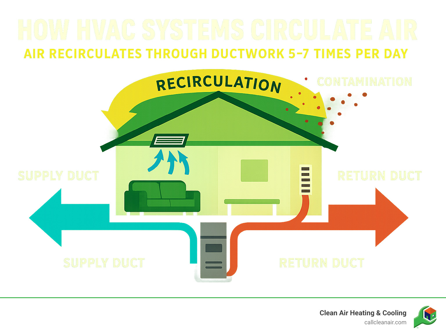 Detailed infographic showing how HVAC systems circulate air 5-7 times daily through ductwork, with arrows indicating airflow patterns from supply ducts through living spaces to return ducts, highlighting the recirculation process and potential contamination points - what is air duct cleaning infographic 