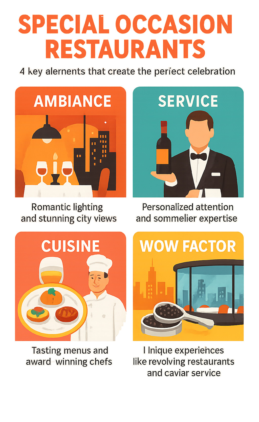 Infographic showing the 4 key elements that make a restaurant perfect for special occasions: Ambiance featuring romantic lighting and stunning city views, Service including personalized attention and sommelier expertise, Cuisine highlighting tasting menus and award-winning chefs, and Wow Factor encompassing unique experiences like revolving restaurants and caviar service - Special occasion restaurants infographic 