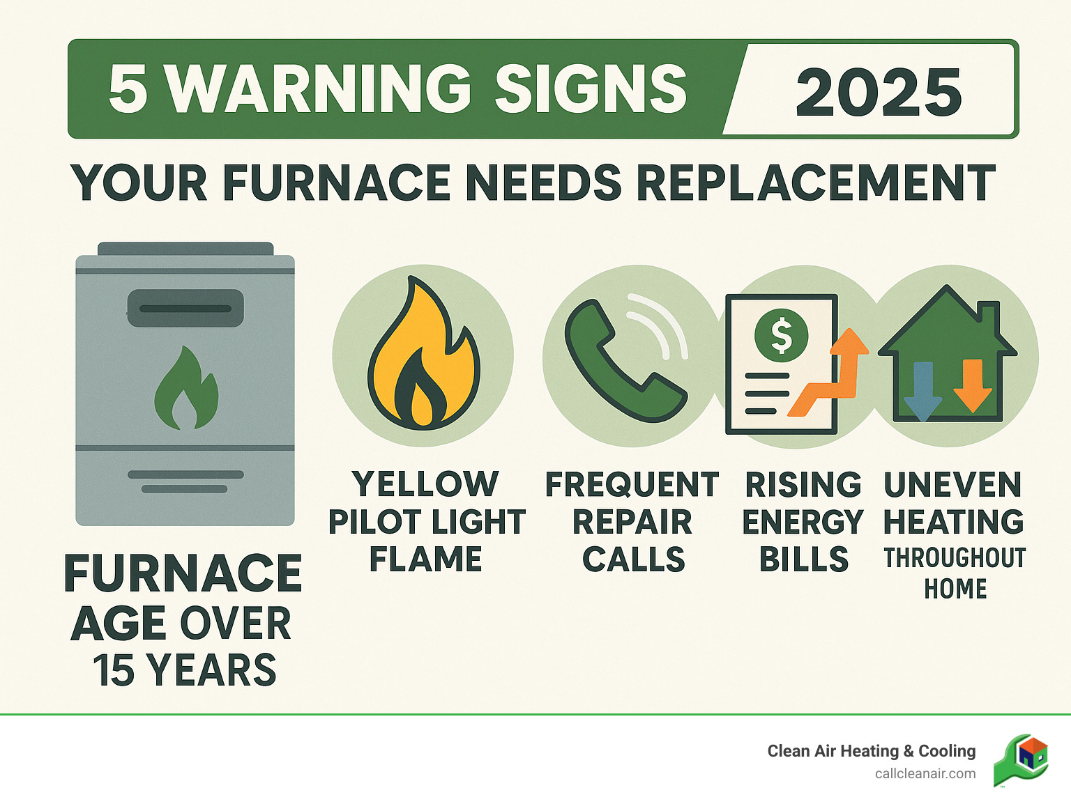 Infographic showing the top 5 warning signs your furnace needs replacement: furnace age over 15 years, yellow pilot light flame, frequent repair calls, rising energy bills, and uneven heating throughout the home - furnace installation Burlington infographic 