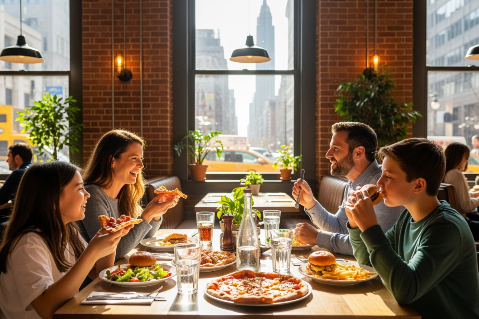 family enjoying a meal at a casual, spacious NYC restaurant - places to eat
