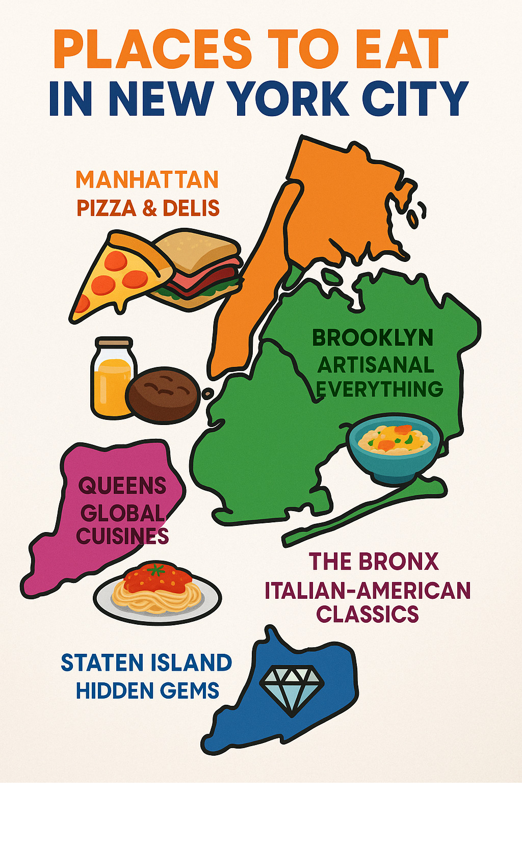 Infographic showing NYC's five boroughs with their signature dishes: Manhattan with pizza and delis, Brooklyn with artisanal everything, Queens with global cuisines, The Bronx with Italian-American classics, and Staten Island with hidden gems - places to eat infographic 