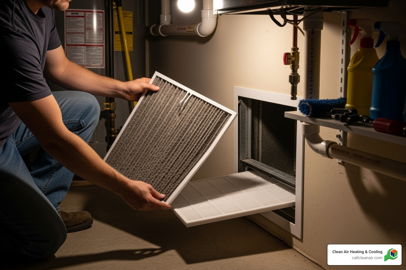 homeowner replacing a dirty air filter - AC unit leaking