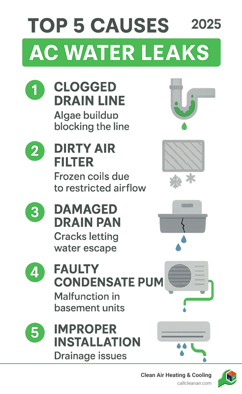Infographic showing the top 5 causes of AC water leaks: clogged condensate drain line with algae buildup, dirty air filter causing frozen coils, cracked drain pan allowing water escape, malfunctioning condensate pump in basement units, and improper installation causing drainage issues - AC unit leaking infographic 
