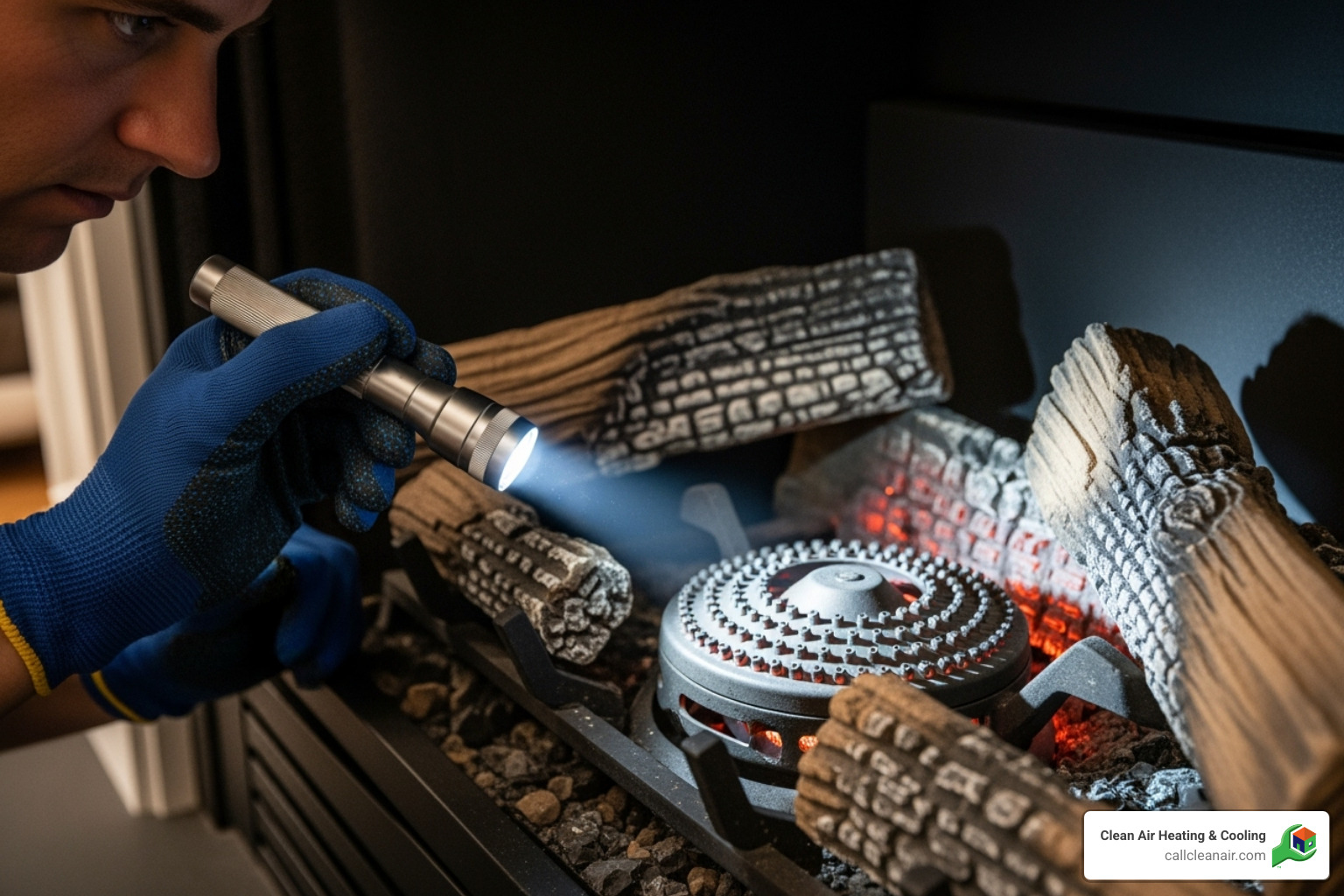 technician inspecting fireplace burner - Fireplace flame adjustment
