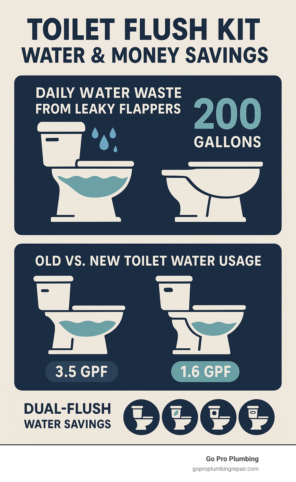 Infographic showing water and money savings from toilet flush kit upgrades, including daily water waste from leaky flappers (200 gallons), comparison of old vs new toilet water usage (3.5 GPF vs 1.6 GPF), and dual-flush water savings with 4 out of 5 flushes using less water - toilet flush kit infographic 