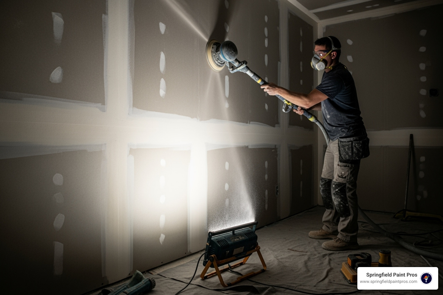 person using a pole sander with a light source to check for imperfections - paint over drywall tape person using a pole sander with a light source to check for imperfections - paint over drywall tape