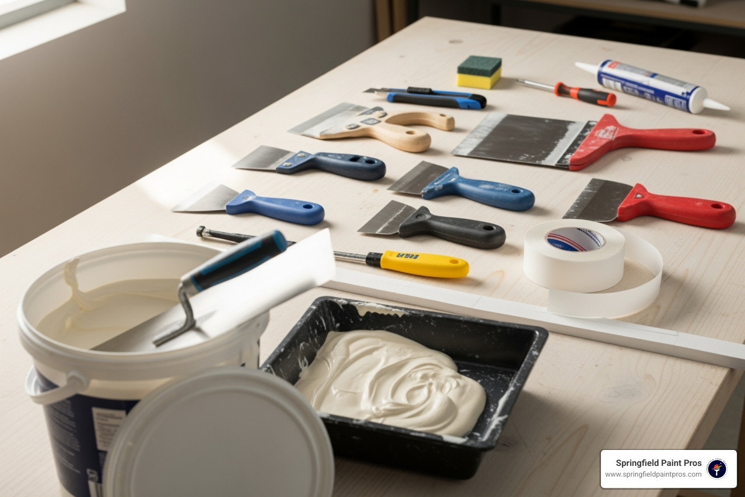 necessary tools and materials laid out - paint over drywall tape necessary tools and materials laid out - paint over drywall tape