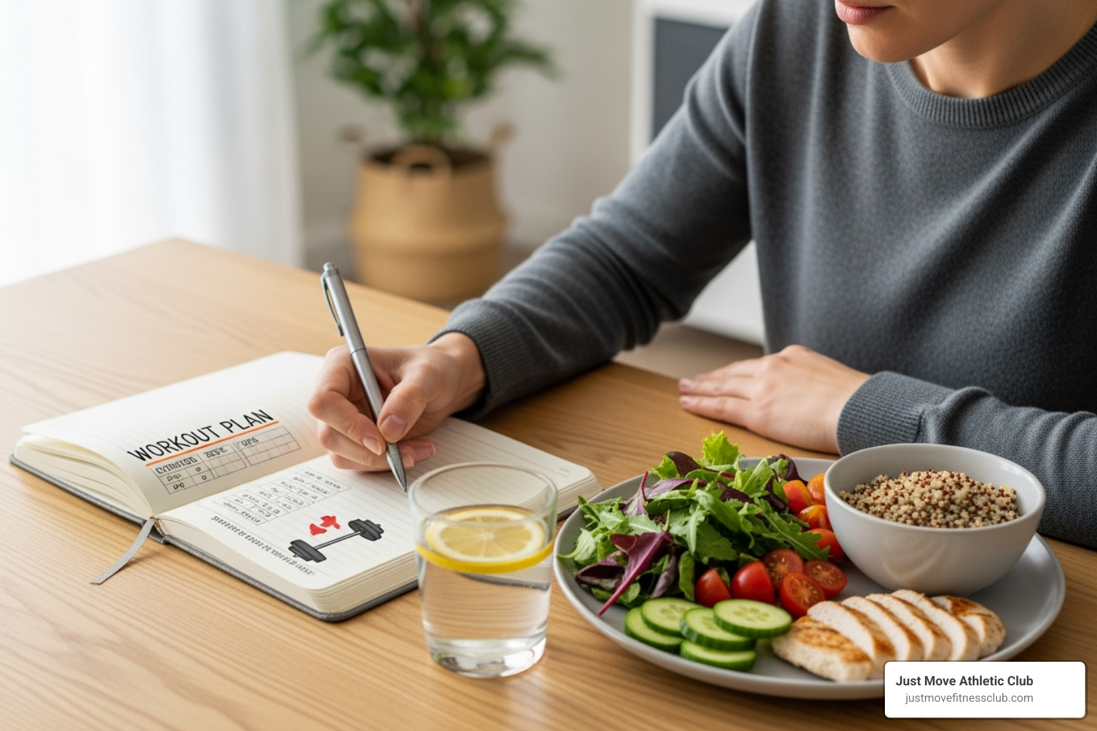 A person journaling with a workout plan and healthy meal nearby - holistic fitness approach A person journaling with a workout plan and healthy meal nearby - holistic fitness approach