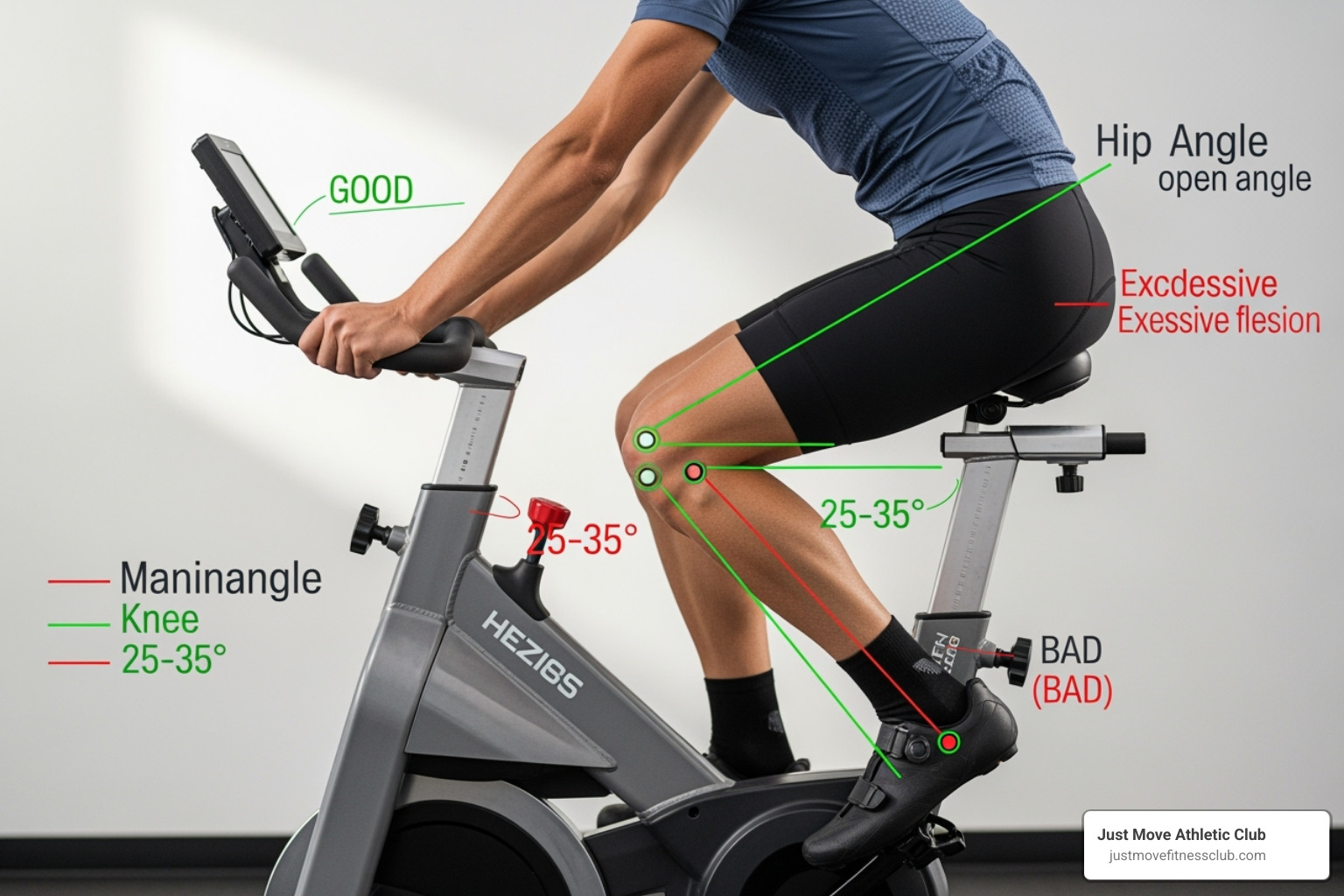 A person demonstrating correct bike fit, with lines showing proper angles for knee and hip - Indoor cycling for beginners