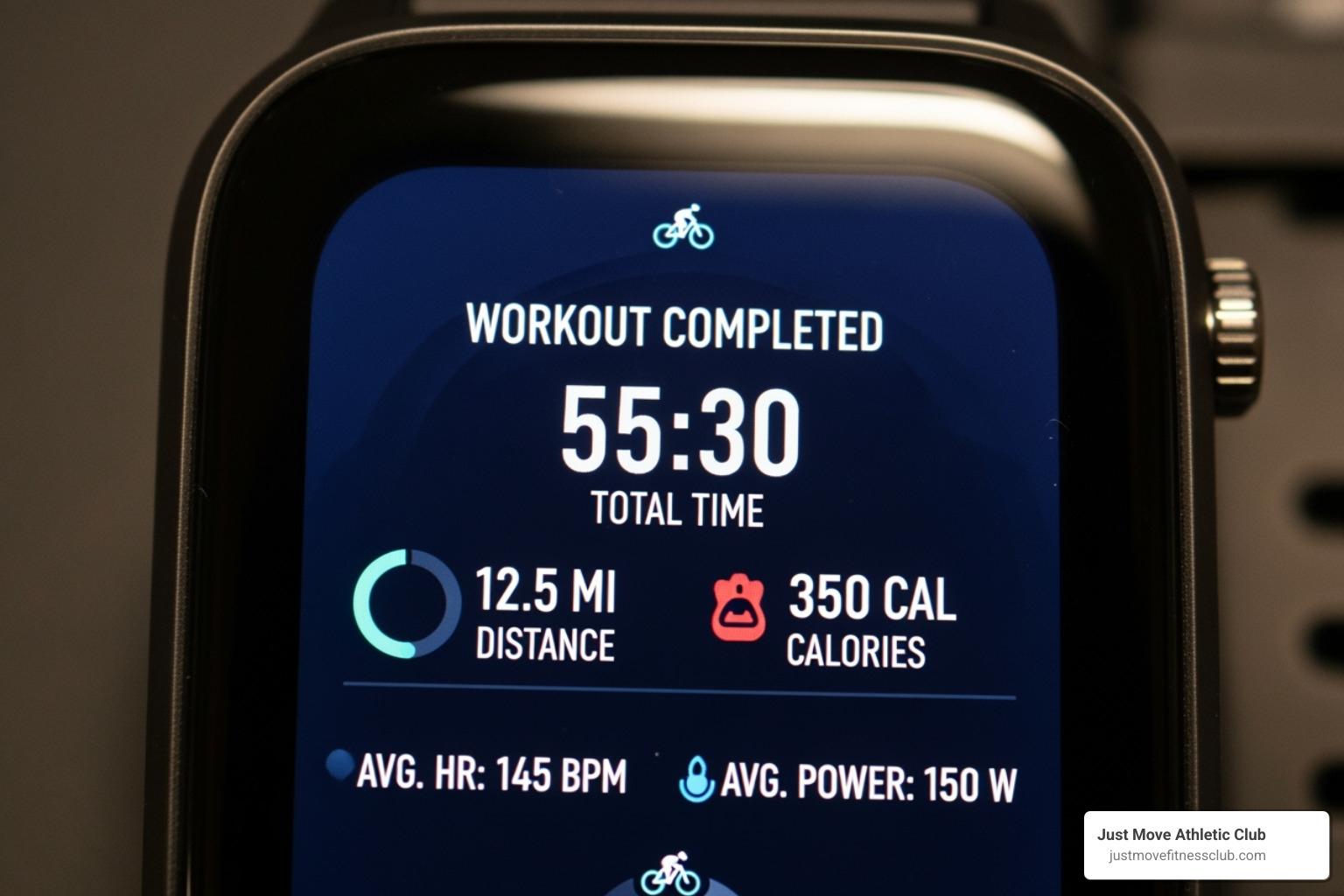A fitness tracker screen showing a completed indoor cycling workout with stats - Indoor cycling for beginners