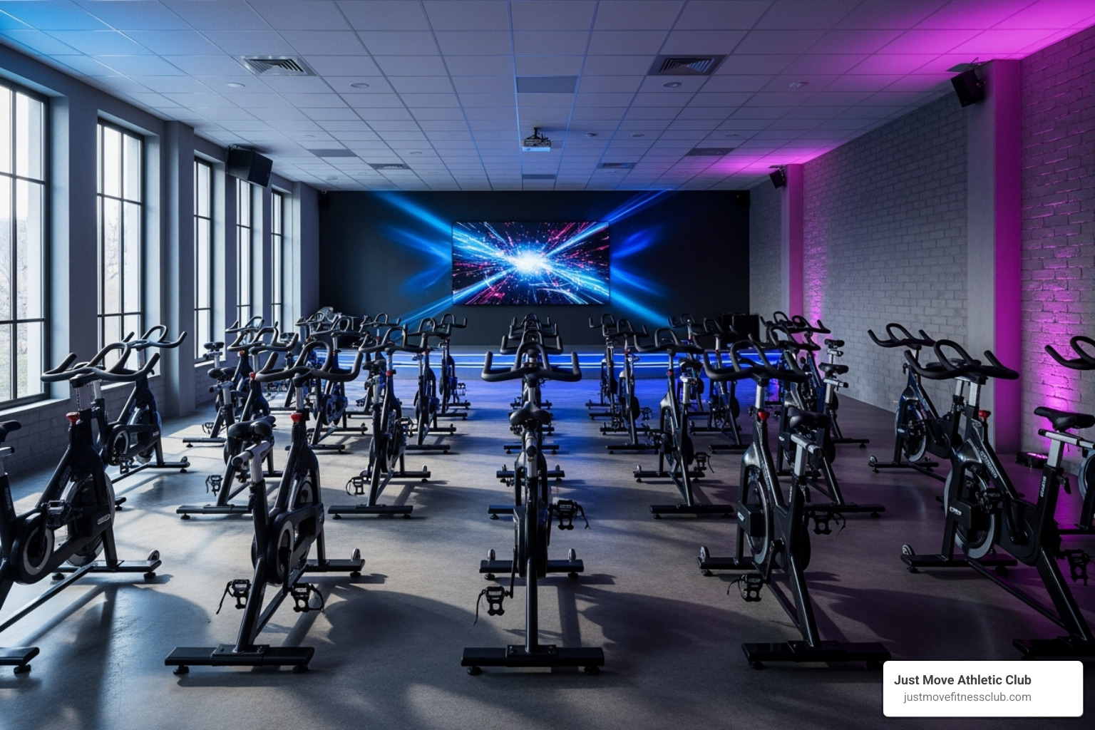 A clean and modern Just Move gym studio interior, showcasing rows of spin bikes with dynamic lighting. - spinning workout near me