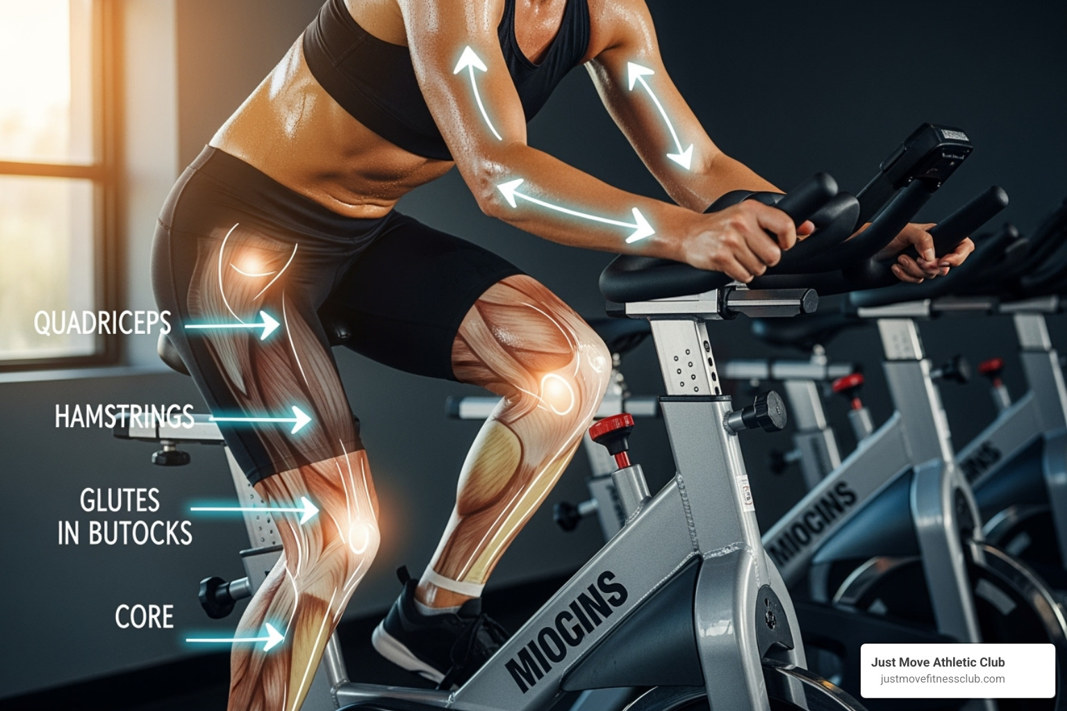 A person on a spin bike, highlighting the engaged muscle groups in their legs and core as they pedal, with an arrow pointing to the quadriceps, hamstrings, and glutes. - spinning workout near me
