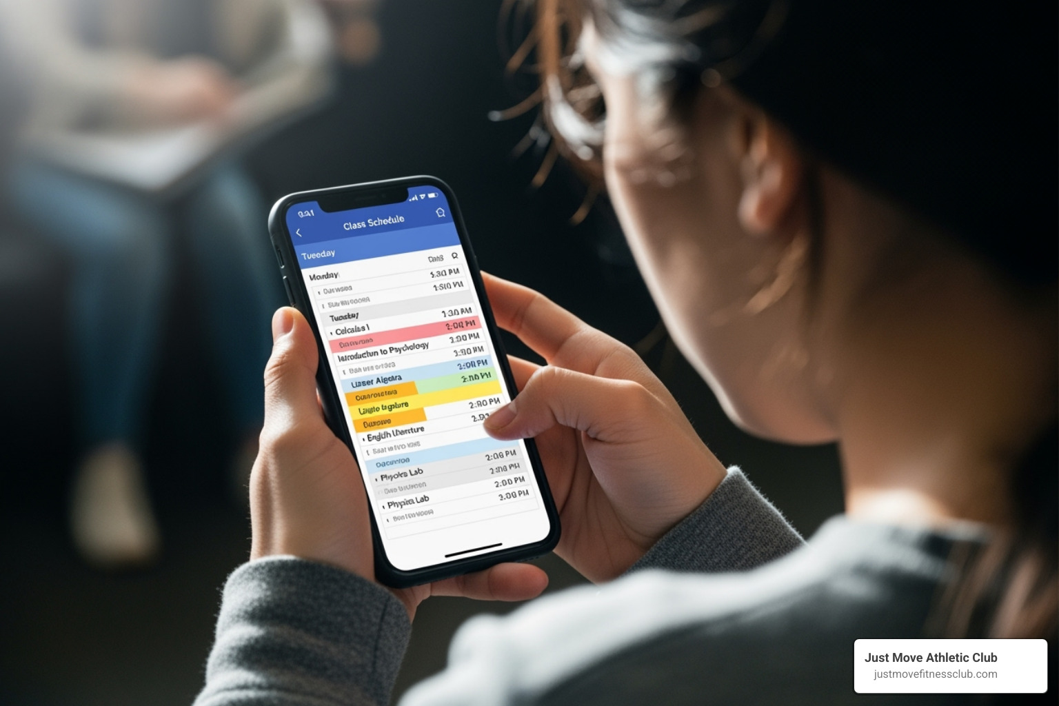 Person looking at a class schedule on a smartphone - pilates classes winter haven