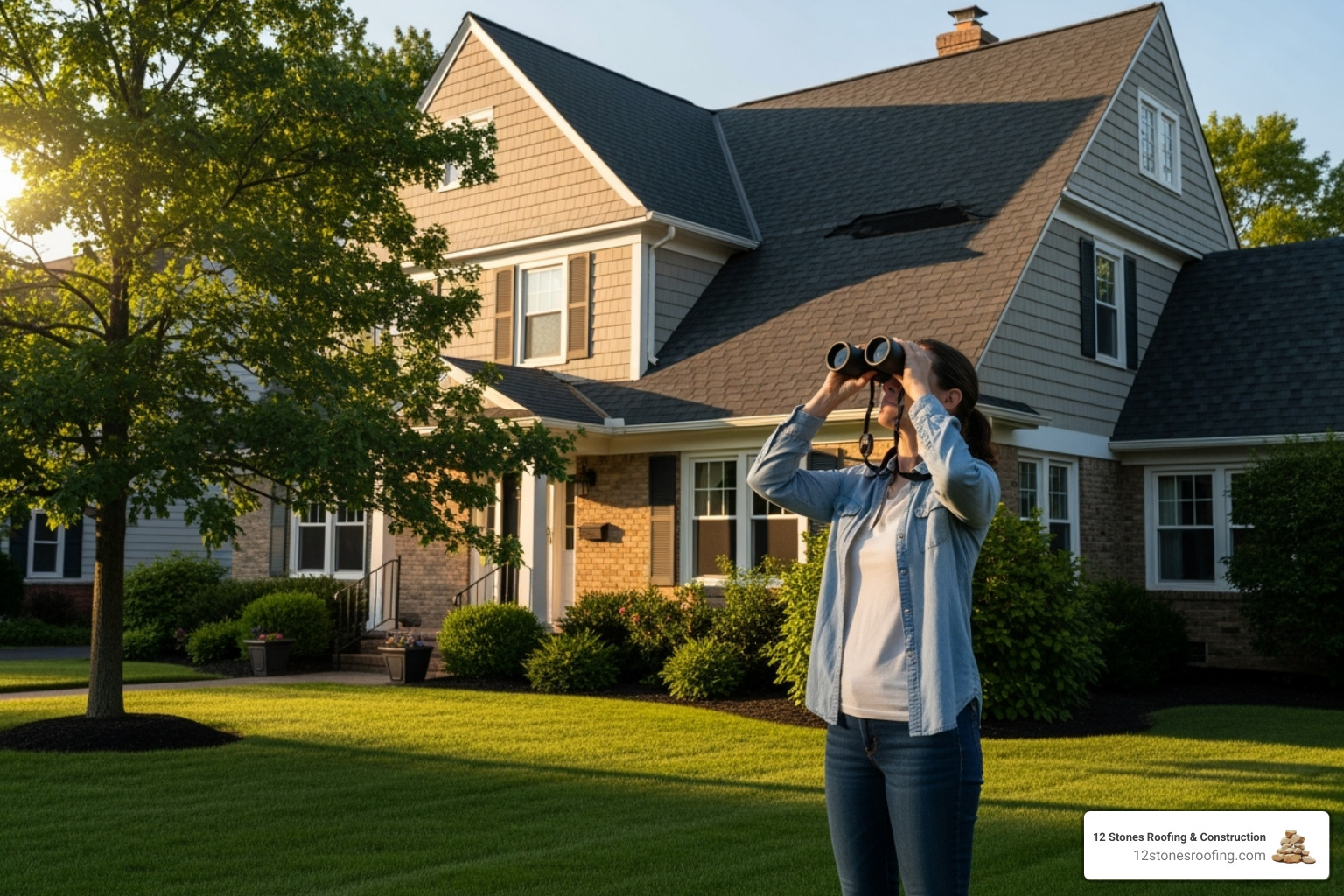 Homeowner inspecting roof from ground with binoculars - roof inspection Pasadena TX