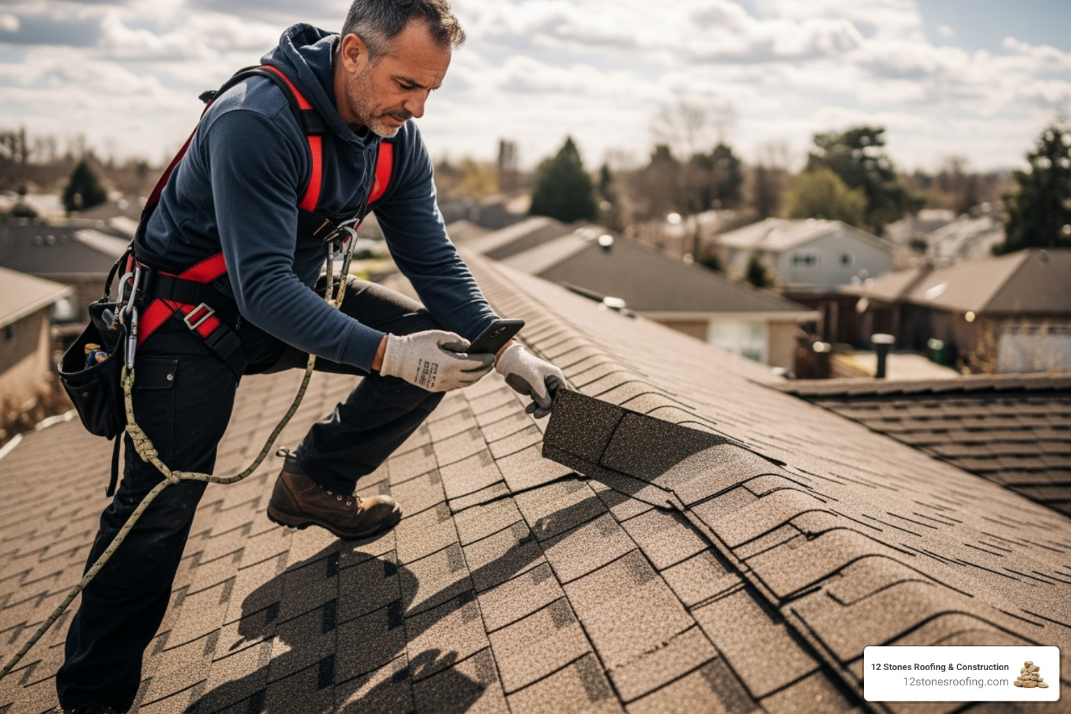 Professional roofer on roof, safely harnessed, taking a photo of a damaged shingle - roof inspection Pasadena TX