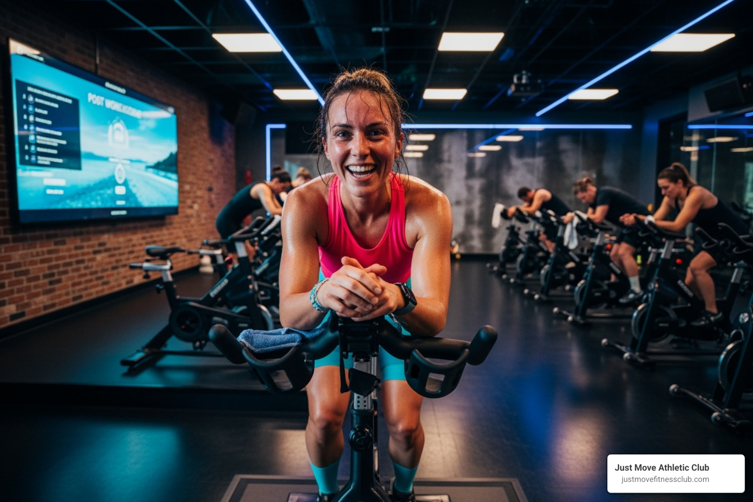 happy energized person finishing cycling class at Just Move Athletic Club - immersive cycling experience