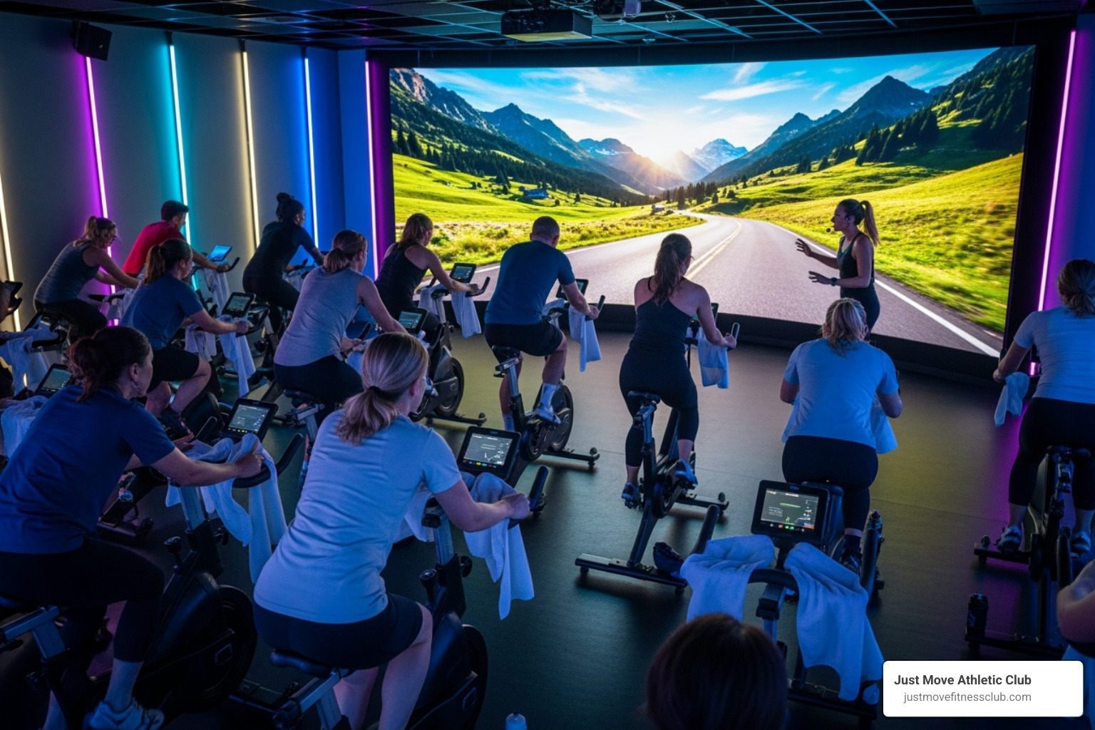 group cycling class with large screen - immersive cycling experience