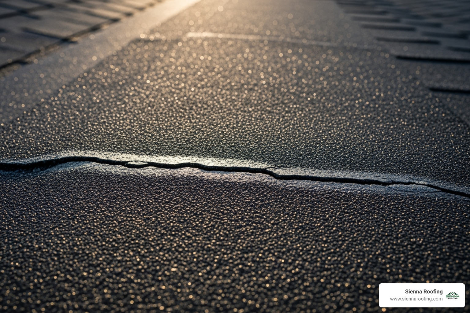 High-resolution drone photo showing a small, hard-to-see crack on a shingle - drone roof inspections sugar land tx