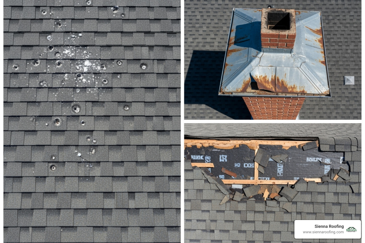 Collage showcasing various types of roof damage like hail dings, cracked flashing, and missing shingles, all captured by a drone. - drone roof inspections sugar land tx