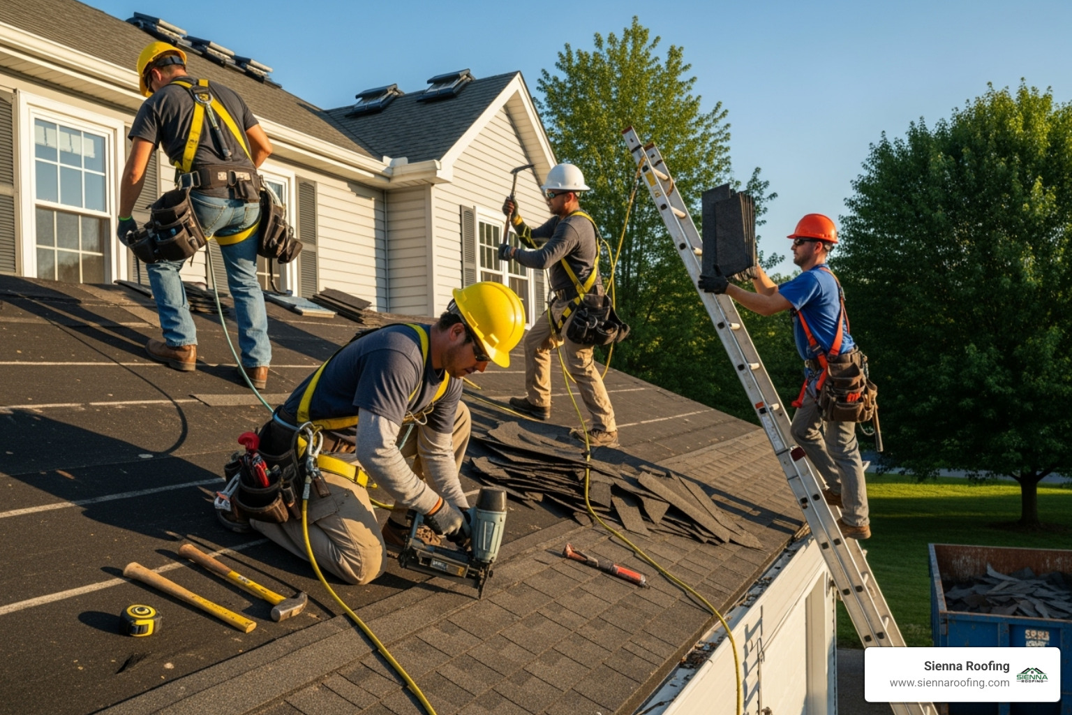 A team of roofers, wearing proper safety harnesses and hard hats, safely and efficiently replacing shingles on a residential roof. - roofing companies Houston