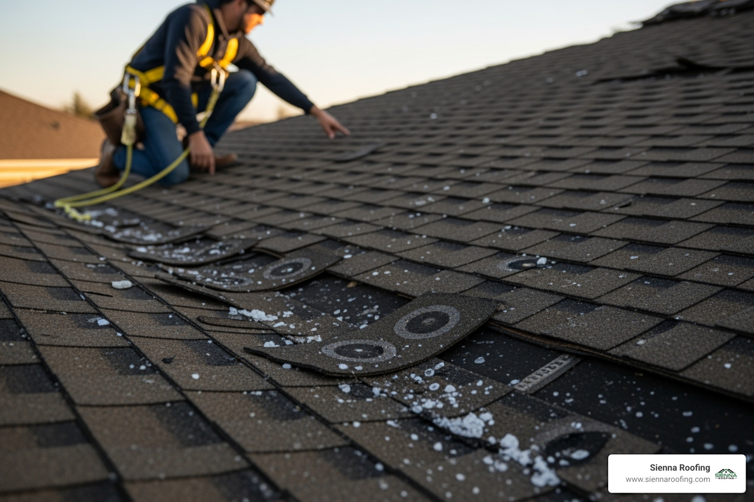 A close-up image of a residential roof showing visible hail damage and missing shingles, with a professional roofer in the background assessing the damage while wearing an OSHA-approved safety harness. - roofing companies Houston