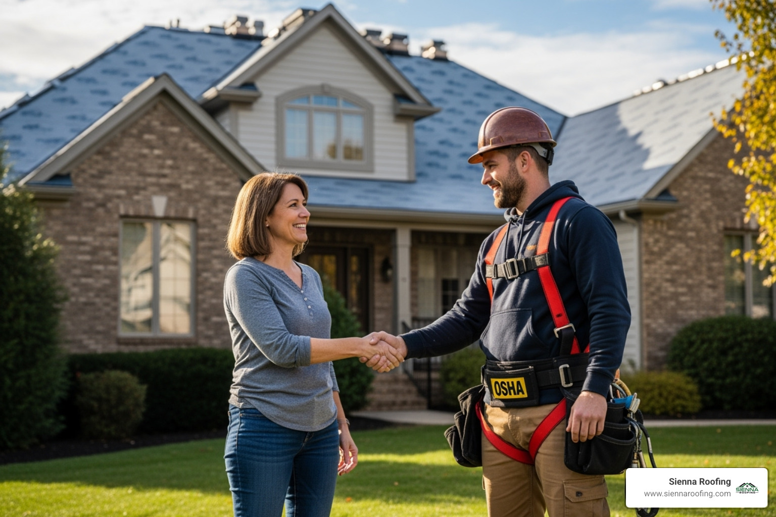 A homeowner and a roofer, both wearing appropriate safety gear, shaking hands in front of a newly repaired roof. The roofer is wearing an OSHA-approved safety harness. - roofing companies Houston