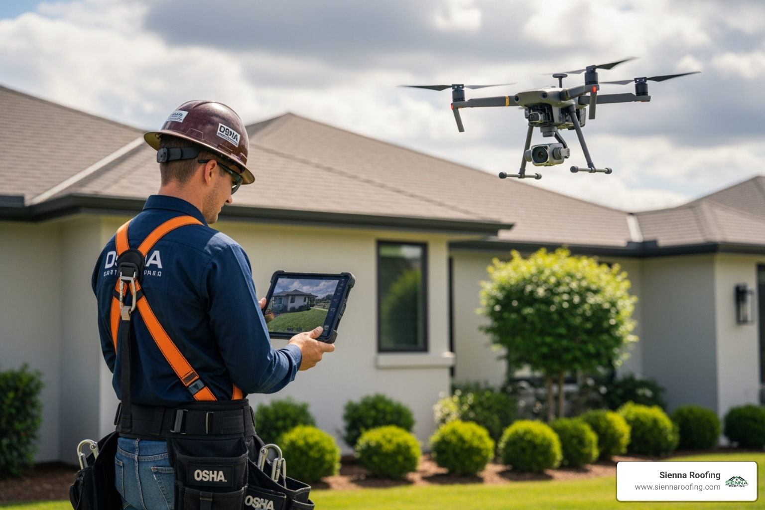 Uniformed, professional roofer operating a drone with a tablet, with a home in the background. (Note: Roofer is wearing OSHA-required safety harness for ground-level work near roof access.) - drone roof inspections sugar land tx