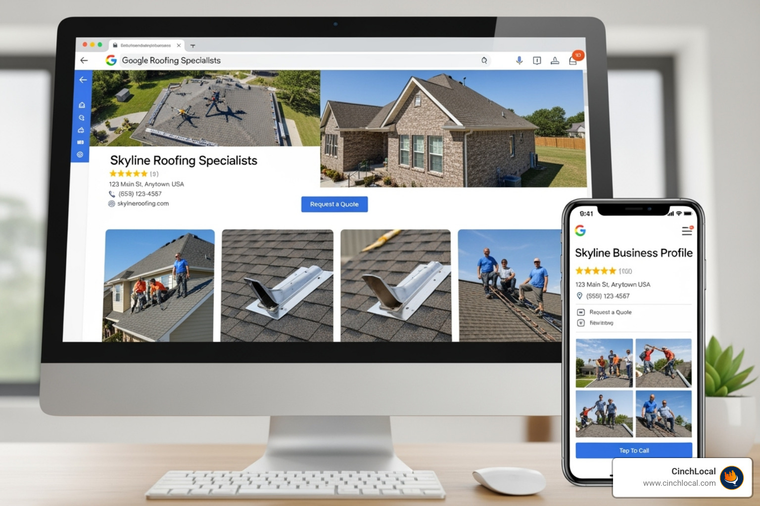 A perfectly optimized Google Business Profile for a roofing company on a desktop and mobile screen - Local SEO roofers
