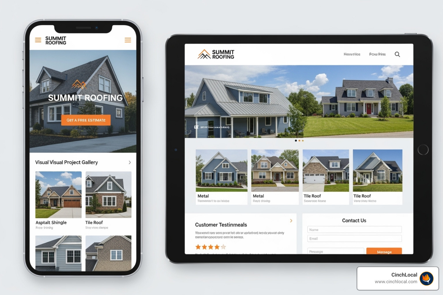 A clean, mobile-friendly roofing website showcasing a project gallery and clear calls-to-action - Local SEO roofers