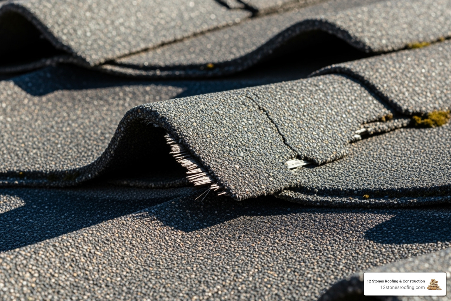 of curled and cracked asphalt shingles indicating age and wear - roof inspection for insurance